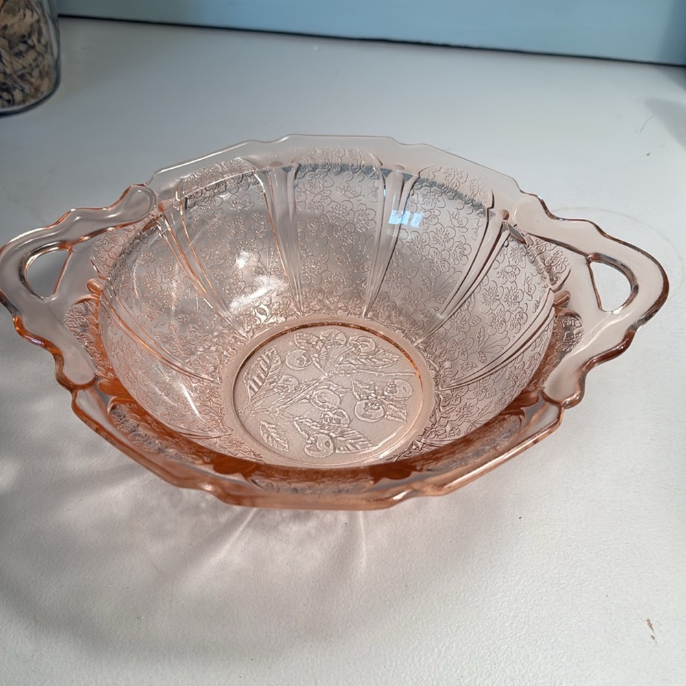 Cherry blossom, Pink Lg Glass Serving Bowl-handles Jeannette Glass Company. 30s